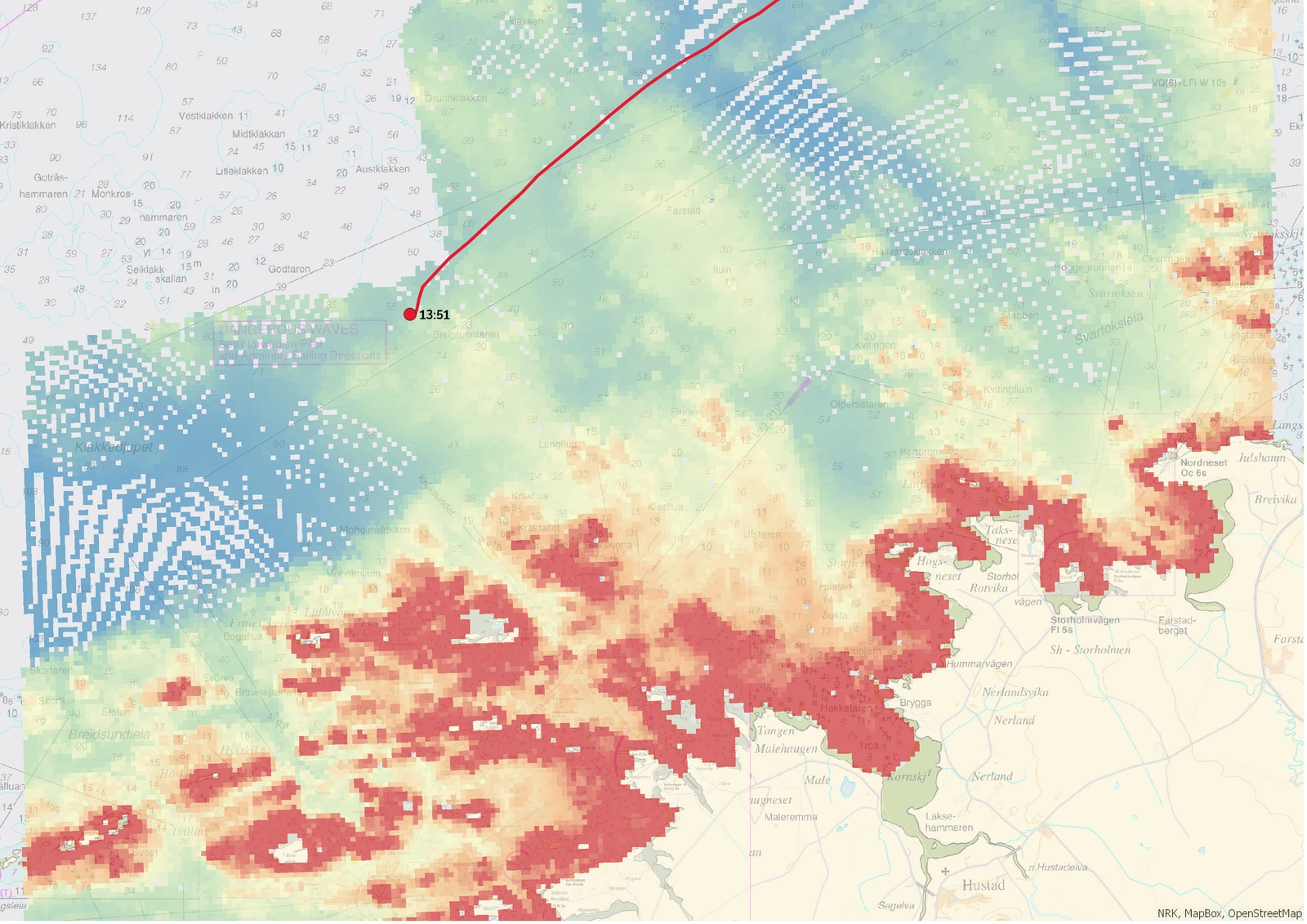 Kart viser posisjonen Viking Sky hadde kl. 13.51 (ca. 5 km fra land)